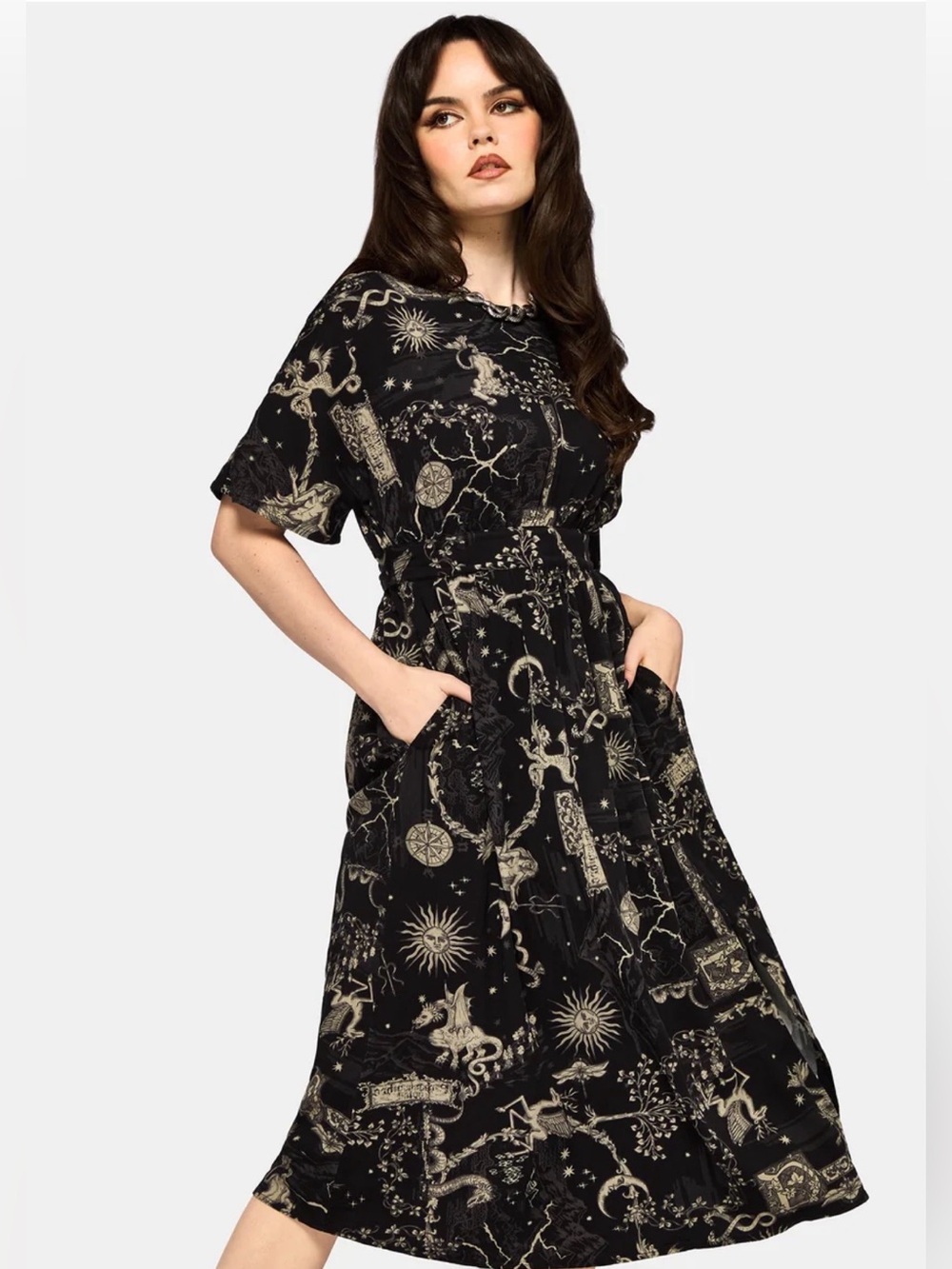 Disturbia Black Medieval map Isolde Dress US14 NWOT Zodiac mythology Print